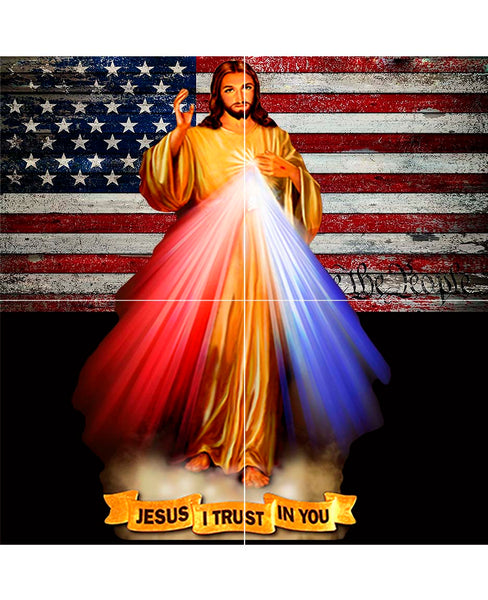4 tile Divine Mercy wall mural with U.S. Flag