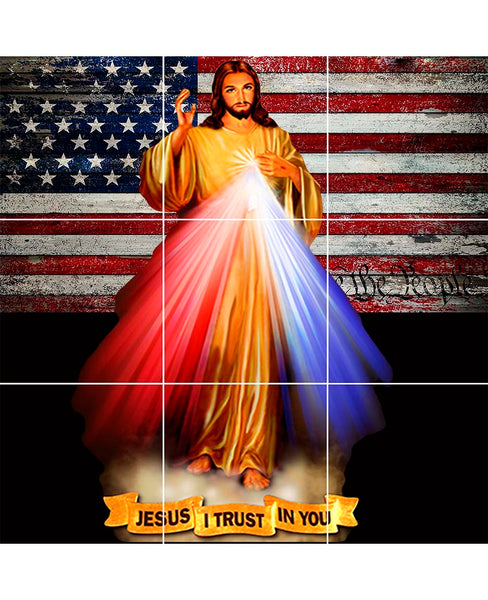 9 tile Divine Mercy wall mural with U.S. Flag