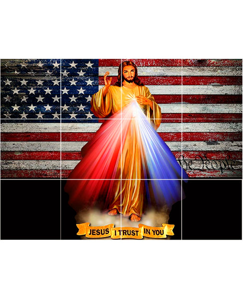 12 Tile Divine Mercy wall mural with U.S. Flag