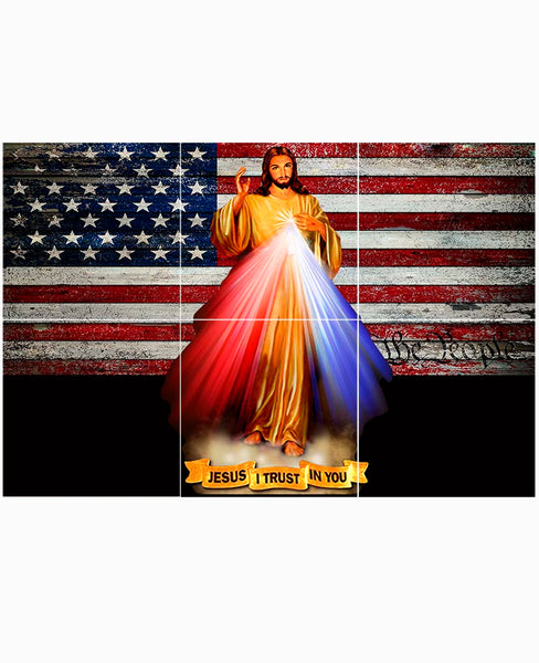 6 Tile Divine Mercy wall mural with U.S. Flag