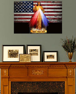 Divine Mercy with flag backdrop above fireplace & no background
