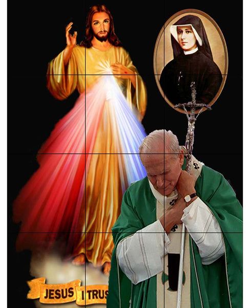 12 Tiles Divine Mercy Jesus with St. Pope John Paul II deep in prayer with St. Faustina looking on