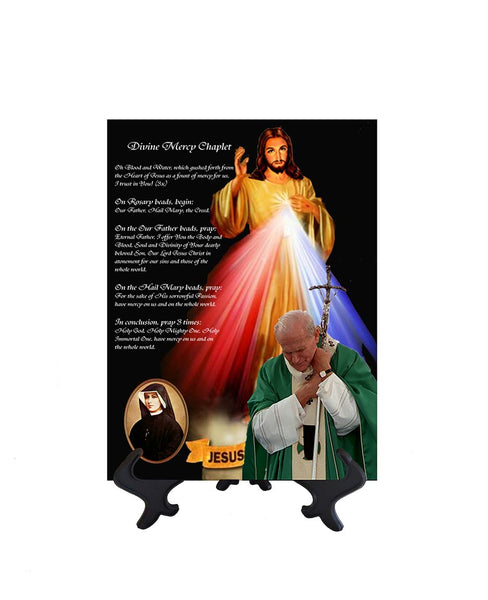 6x8 Divine Mercy Art on ceramic tile with stand. Includes St. John Paull II deep in prayer on stand. no background