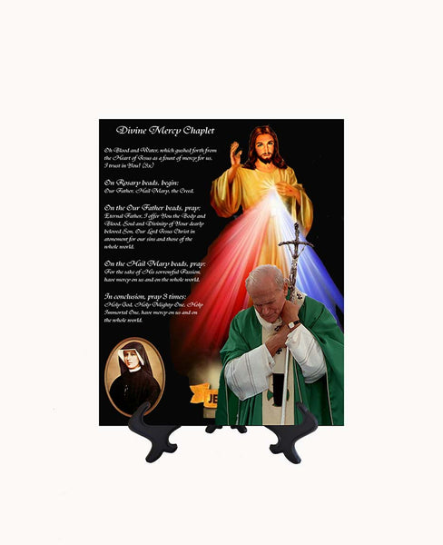 8x10 Divine Mercy Art on ceramic tile with stand. Includes St. John Paull II deep in prayer on stand. no background