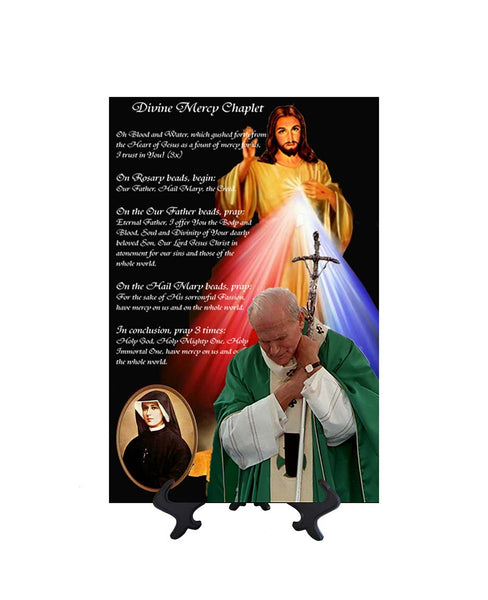 8x12 Divine Mercy Art on ceramic tile with stand. Includes St. John Paull II deep in prayer on stand. no background