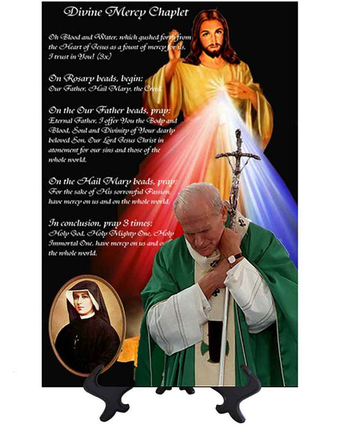 Main Divine Mercy Art on ceramic tile with stand. Includes St. John Paull II deep in prayer on stand. no background