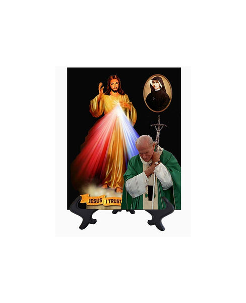 8x10 Divine Mercy picture ceramic tile art with Pope St. John Paul II with stand & no background