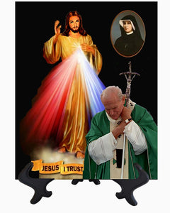 Main Divine Mercy picture ceramic tile art with Pope St. John Paul II with stand & no background