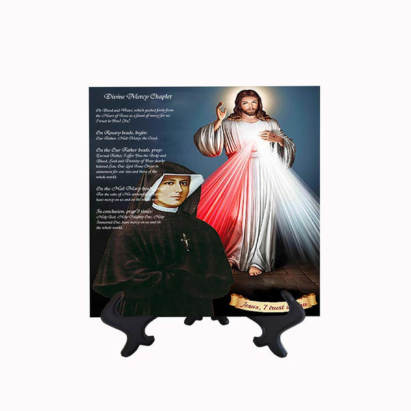 8x8 Divine Mercy picture with St. Faustina and Chaplet with stand & no background
