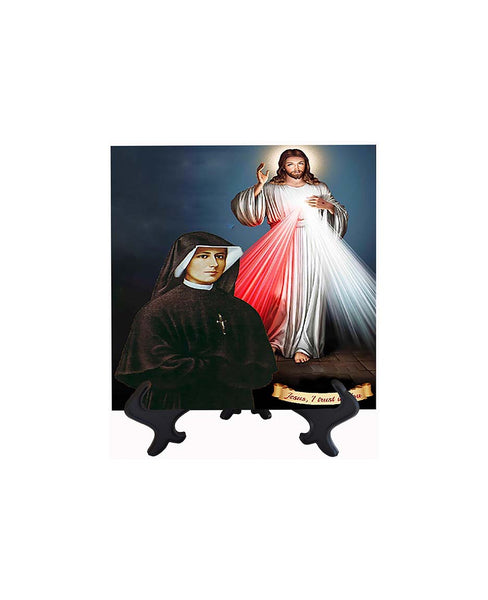 8x8 Divine Mercy picture on ceramic tile with St. Faustina & stand with no background