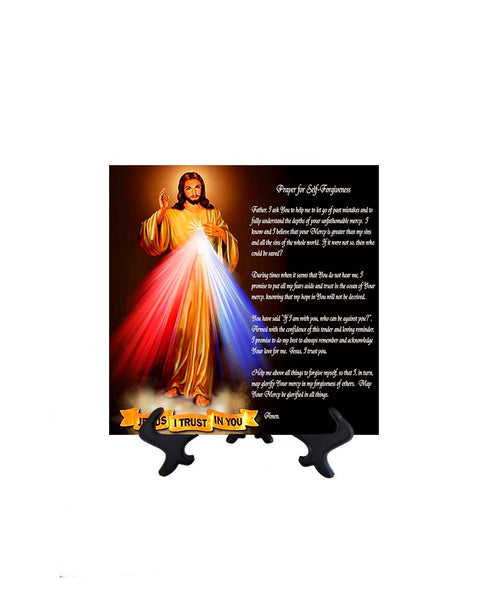 Prayer for self-forgiveness with Divine Mercy Jesus on 8x8 ceramic tile & no background