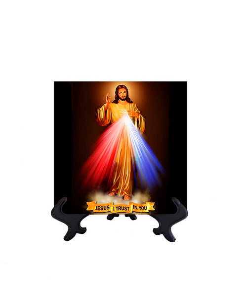 4x4 Divine Mercy Hyla Image on ceramic tile & stand with no background