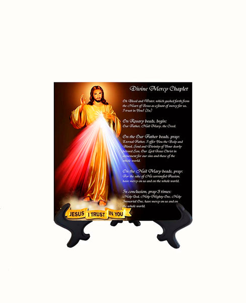 4x4 Divine Mercy Image on stand with chaplet & no background