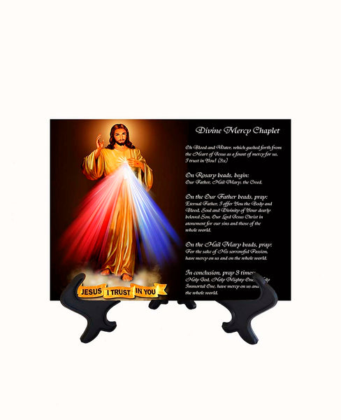 6x8 Divine Mercy Image on stand with chaplet & no background