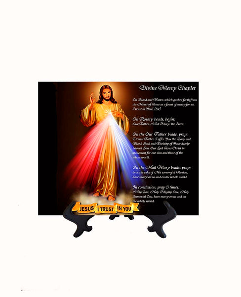 8x8 Divine Mercy Image on stand with chaplet & no background