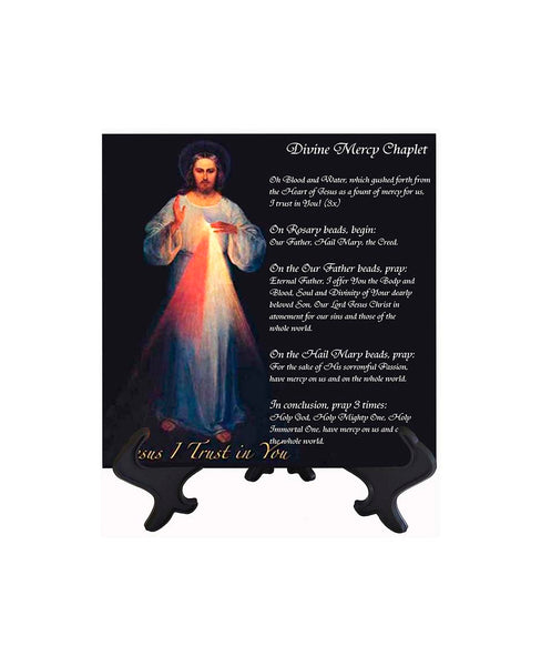8x8 Divine Mercy picture ceramic tile - Vilnius rendition on stand & no background