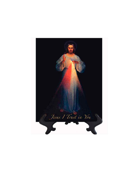 8x10 Divine Mercy picture ceramic tile - Vilnius rendition on stand & no background