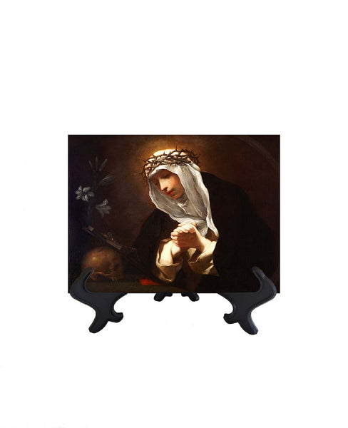 6x8 St Catherine of Siena portrait in prayer on ceramic tile & stand with no background