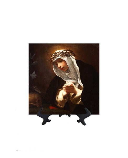 8x8 St Catherine of Siena portrait in prayer on ceramic tile & stand with no background