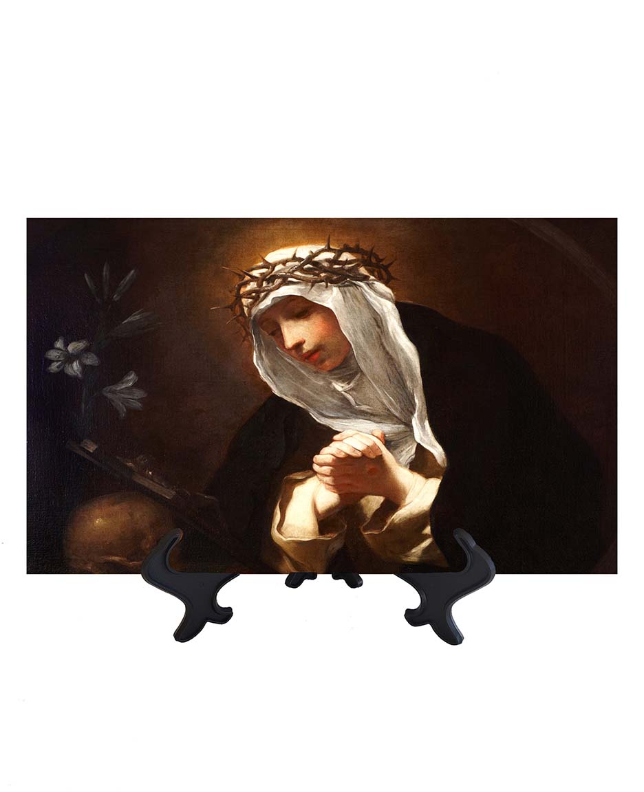 8x12 St Catherine of Siena portrait in prayer on ceramic tile & stand with no background