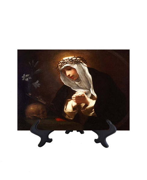 8x10 St Catherine of Siena portrait in prayer on ceramic tile & stand with no background