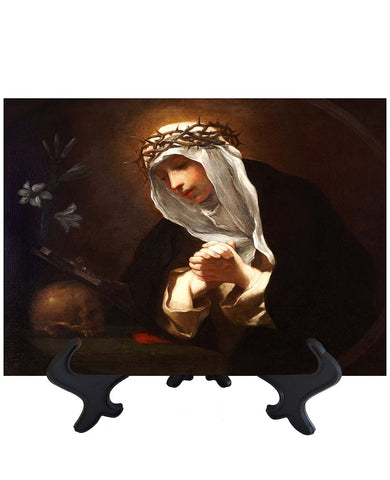 Main St Catherine of Siena portrait in prayer on ceramic tile & stand with no background