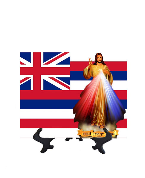 Hawaii Flag with Divine Mercy Jesus image in forefront on ceramic tile on stand