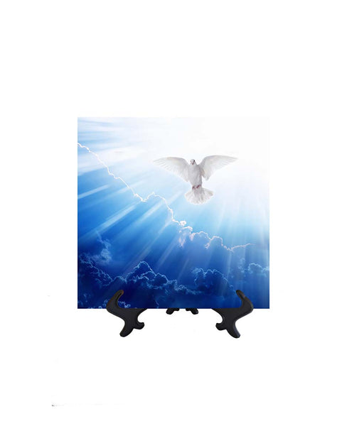 8x8 Holy Spirit in the form of a dove in clouds with sun's rays ceramic tile on stand & no background