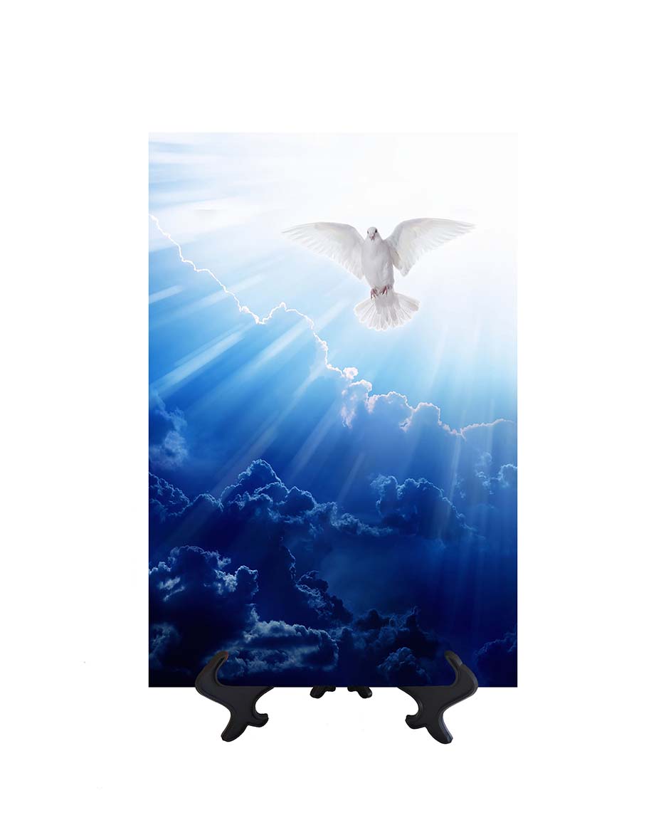 8x12 Holy Spirit in the form of a dove in clouds with sun's rays ceramic tile on stand & no background