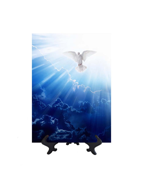 8x10 Holy Spirit in the form of a dove in clouds with sun's rays ceramic tile on stand & no background