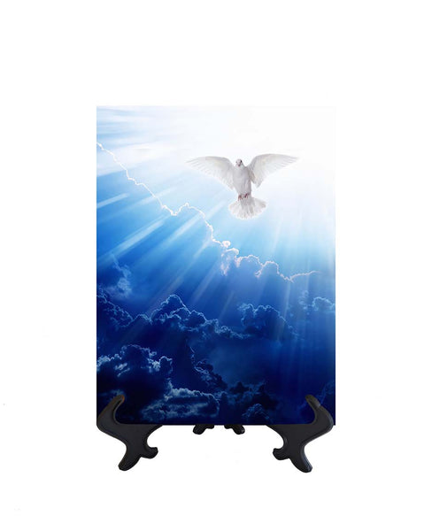 6x8 Holy Spirit in the form of a dove in clouds with sun's rays ceramic tile on stand & no background
