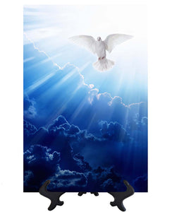Main Holy Spirit in the form of a dove in clouds with sun's rays ceramic tile on stand & no background