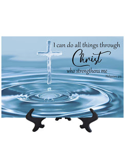 Main I can do all things bible quote on ceramic tile with a drop of water and crystal cross rising from the water on stand & no background
