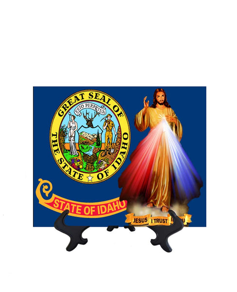 Idaho Flag with Divine Mercy Jesus image in forefront on ceramic tile on stand