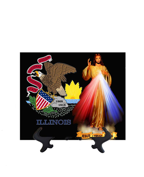 Illinois Flag with Divine Mercy Jesus image in forefront on ceramic tile on stand