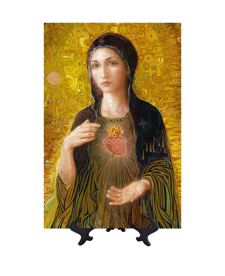 Immaculate Heart of Mary in Gold - Virgin Mary Art on Ceramic Tile ...