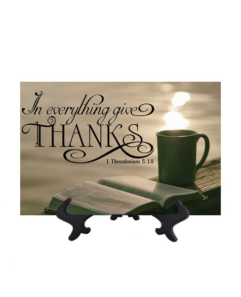 8x12 Inspirational bible quote with bible and coffee cup in photo on ceramic tile & stand with no background
