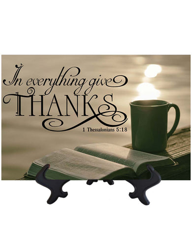 Main Inspirational bible quote with bible and coffee cup in photo on ceramic tile & stand with no background