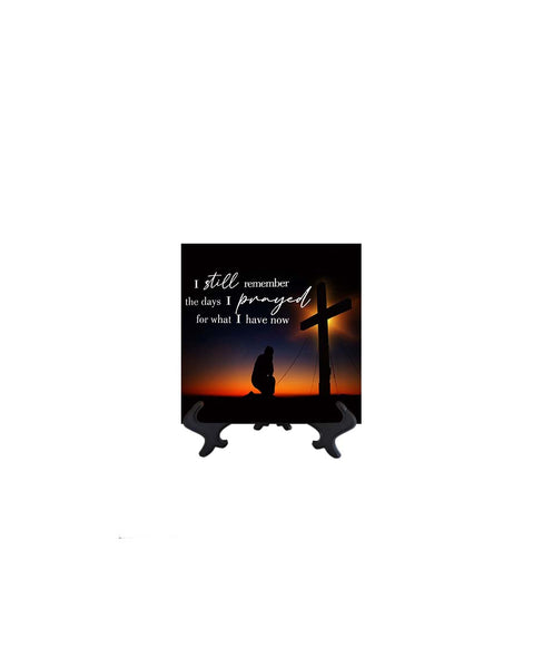 4x4 I still remember - inspirational quote with kneeling man in front of cross with orange sunset backdrop on ceramic tile & stand with no background