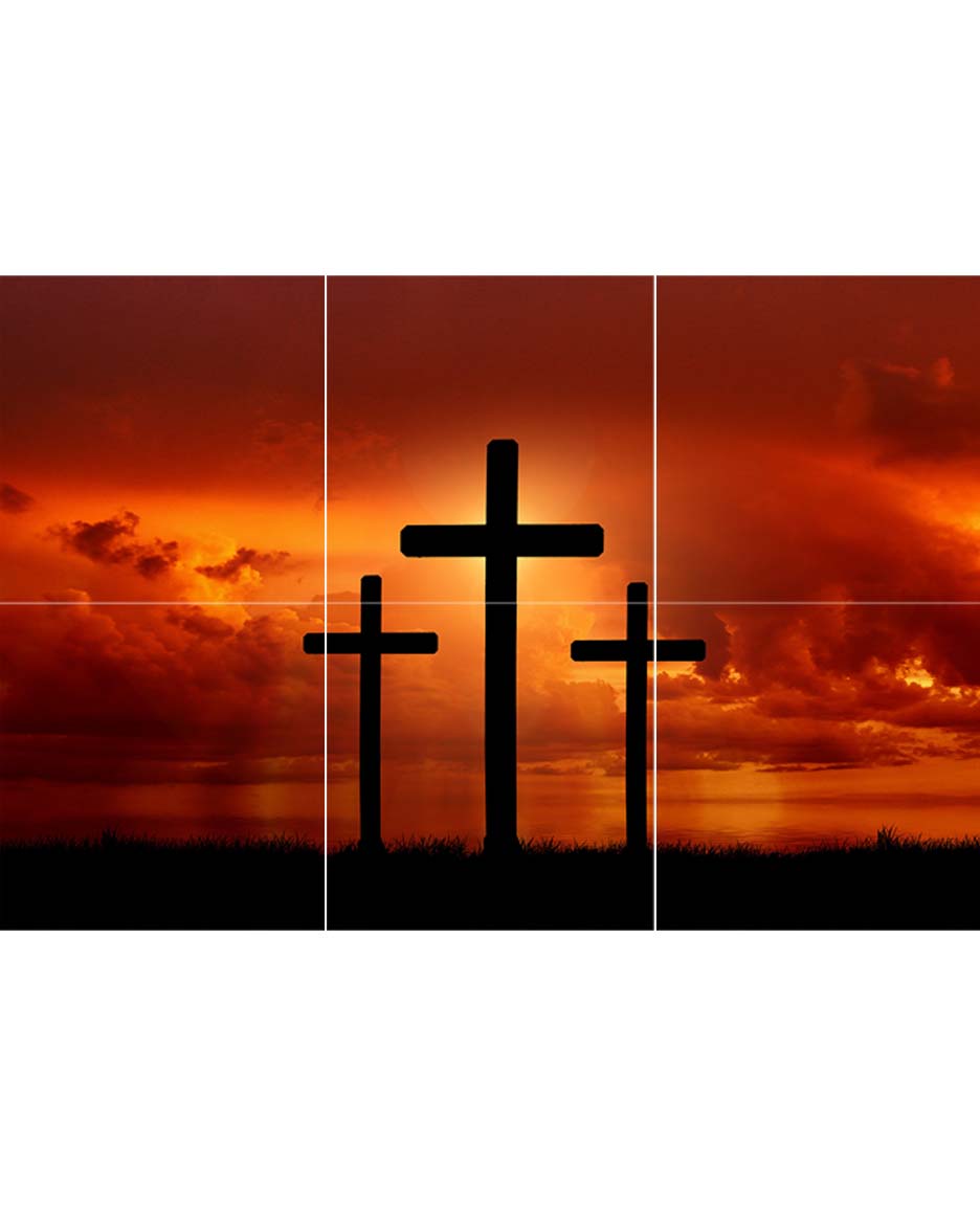 6 Tile wall mural with three crosses - Jesus and the two thieves and fiery orange sky as a backdrop