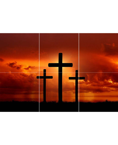 6 Tile wall mural with three crosses - Jesus and the two thieves and fiery orange sky as a backdrop