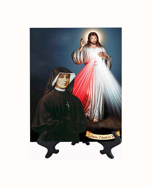 8x10 Divine Mercy picture on ceramic tile with St. Faustina & stand with no background