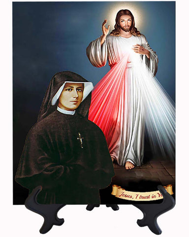 Main Divine Mercy picture on ceramic tile with St. Faustina & stand with no background