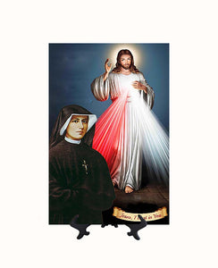 8x12 Divine Mercy picture on ceramic tile with St. Faustina & stand with no background