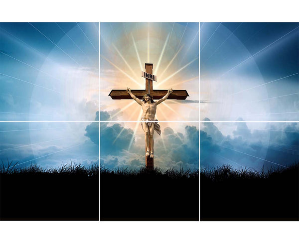 6 tile mural with crucified Christ & cloud background with sun's rays