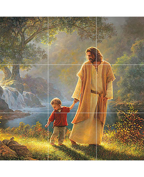 9 Tiles Jesus with a child mural walking through a garden