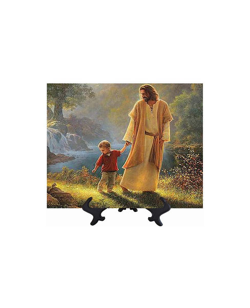 8x10 Painting of Jesus on ceramic tile walking through a pasture with a small child on stand & no background