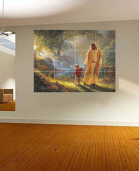 Jesus with a child mural on wall & no background