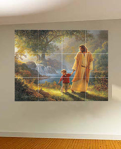 Jesus with a child mural on wall & no background