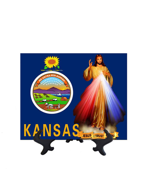 Kansas Flag with Divine Mercy Jesus image in forefront on ceramic tile on stand